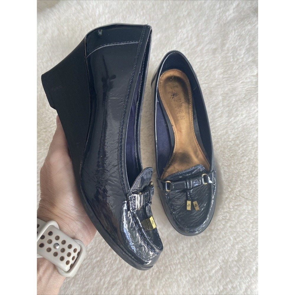 Lauren Ralph Lauren Navy Patent Leather Wedge Loafer Pumps Gold Hardware 6B‎